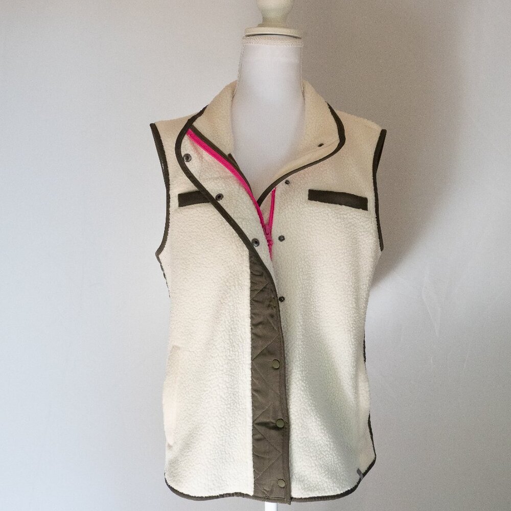 Talbots Cream Vest with Olive and Pink Trim